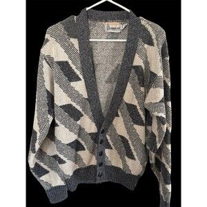 Vintage London Fog Heavy Knit Grandpa Cardigan Men's M Style, Geometric Jacquard